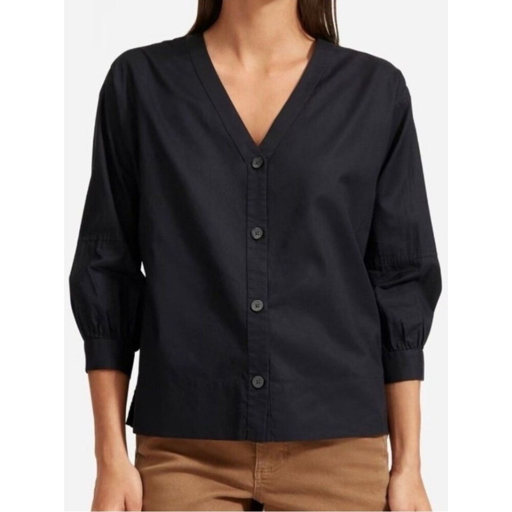 Everlane Lantern Sleeve V Neck Blouse Black Size 4 Minimalist Capsule